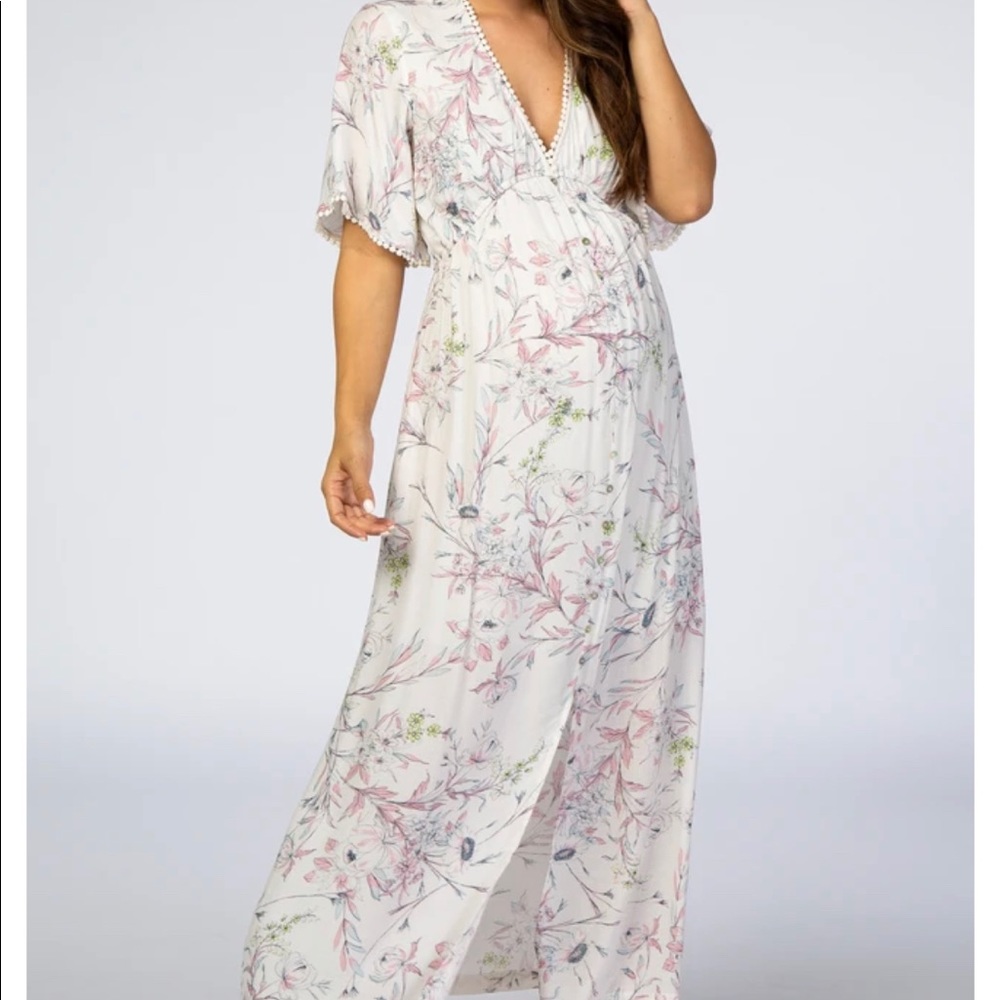 Lovestitch Maternity Ivory Floral Button Front Maxi Dress - Size: S, retail $87